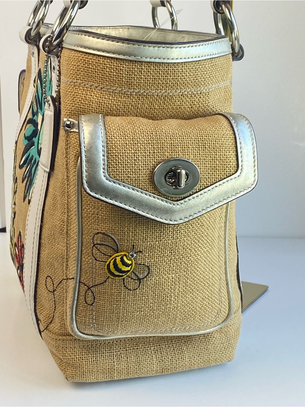 Coach Vintage Rare Floral Bee Woven Straw Gallery Summer Tote Beachbag - Picture 9 of 15